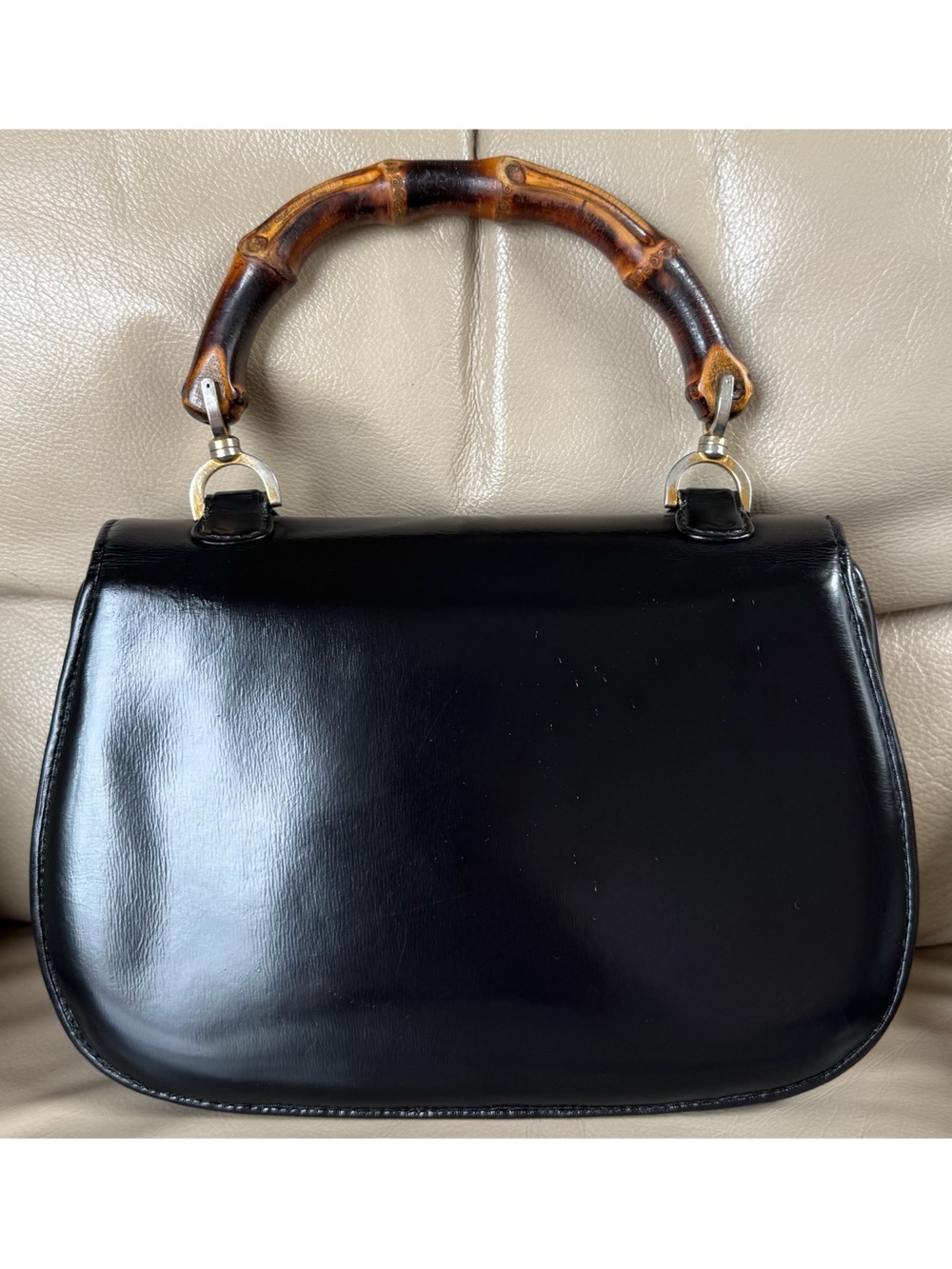Rare Authentic Vintage Gucci 1947 Black Leather Bamboo Top Handle Turn Lock Bag - Picture 2 of 15